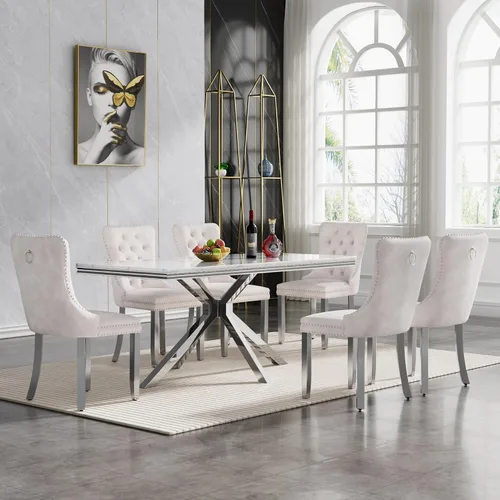 Vista 60 de Juego de 5 mesas de comedor, juego de mesa de cocina y comedor para 4, mesa de cocina rectangular de mármol sintético blanco de 47 pulgadas con base
