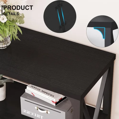 Vista 3 de LVB Mesa Consola Negra, Mesa de Entrada Moderna con 3 Niveles de Estantes de Almacenamiento, Mesa de Sofá Industrial Detrás del Sofá para Sala