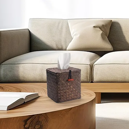 Vista 7 de Cubierta de caja de pañuelos cuadrada de Seagrass tejido para servilletas decorativa para baño estilo granja (café, 14 x 14 x 14 cm)