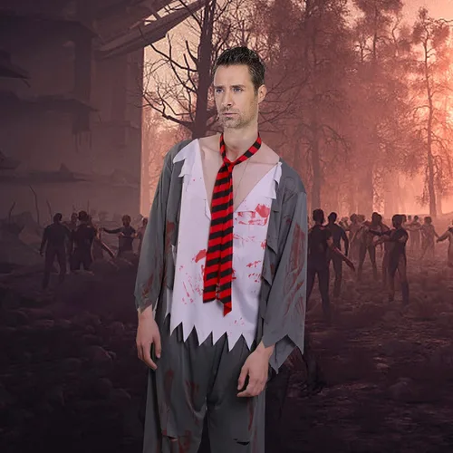 Vista 4 de Phedrew Disfraz de zombi sangriento para hombre, incluye camiseta, pantalones, sombrero y parche en los ojos, disfraz de terror de Halloween