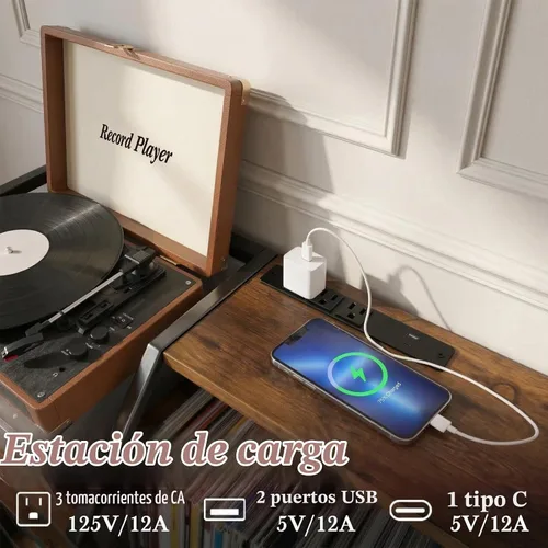 Vista 2 de Faesun - Soporte grande para tocadiscos con almacenamiento de discos de vinilo y tomas de corriente, gabinete de almacenamiento de más de 500 Marrón