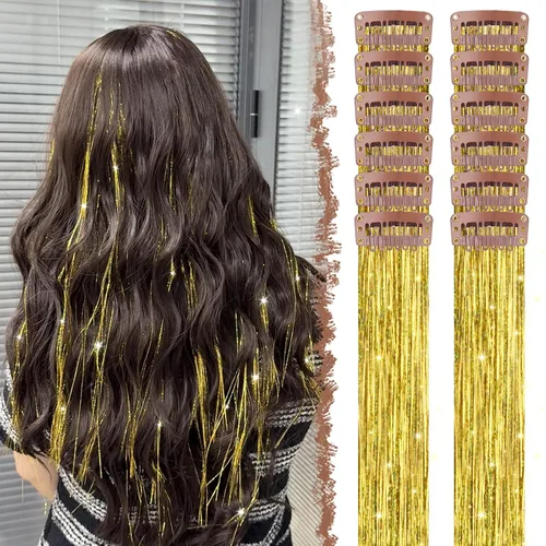 Vista 15 de FESHFEN Juego de 12 extensiones de cabello con clip, color negro, con clip, con purpurina, kit de accesorios coloridos para mujeres, de 20 pulgadas