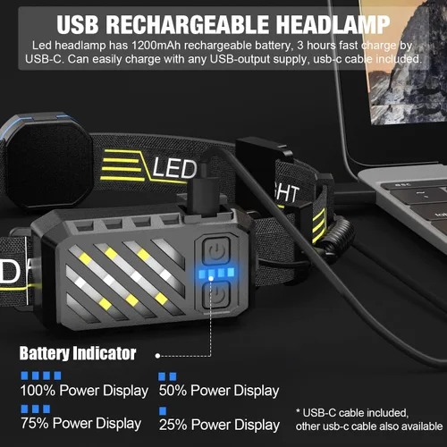 Vista 4 de Linterna frontal LED, 1000 lúmenes, 230° de haz ancho, linterna frontal recargable por USB con luz trasera roja, luz ligera e impermeable
