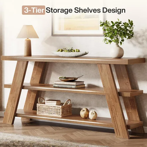 Vista 7 de Tribesigns - Mesa consola extralarga de 70.9" con almacenamiento, mesa de sofá estrecha de 3 niveles en madera detrás del sofá, mesa de entrada