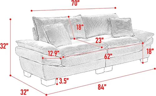 Vista 2 de Sofá biplaza extragrande de 84 pulgadas, asiento profundo de pana, sofá biplaza con almohadas, moderno y tapizado, cómodos sofás para sala de estar