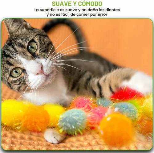 Vista 6 de 30 bolas de pompones brillantes de 1.2 pulgadas para gatos, bolas interactivas con purpurina, multicolor, lo mejor como juguetes de juego