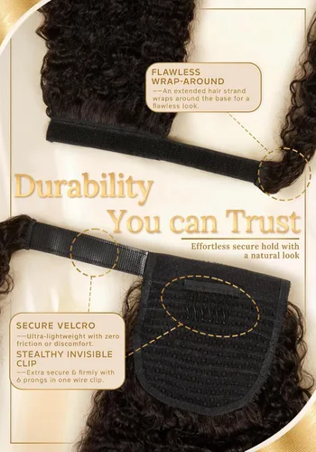 Vista 7 de Extensión de cola de caballo cabello humano rizado birmano pelo #Color natural rizado birmano