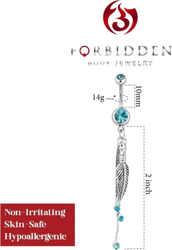 Vista 2 de Forbidden Body Jewelry Anillo de ombligo colgante de acero quirúrgico con plumas y circonitas cúbicas, Metal, circonita cúbica