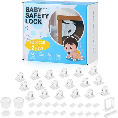 Vista 10 de Paquete de 4 cerraduras magnéticas para gabinete para seguridad infantil, cerraduras de cajones a prueba de bebés, cerraduras magnéticas