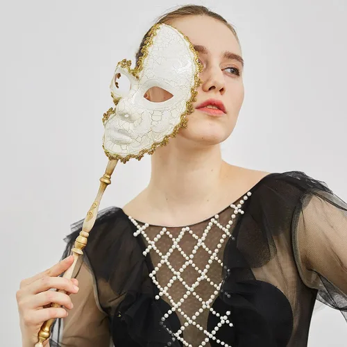 Vista 2 de YU FENG Paquete de 2 máscaras de cosplay para parejas, carnaval musical veneciano, Mardi Gras, máscara de mascarada en un palo para fiesta