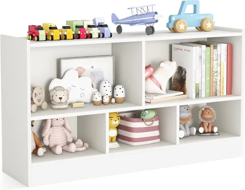 Vista 14 de KOTEK Organizador de almacenamiento de juguetes, estantería infantil de 5 cubos, estantería de madera de 3 niveles, estante abierto para guardería