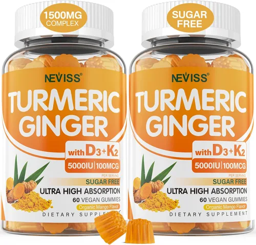 Vista 9 de Gomitas de Cúrcuma y Jengibre Sin Azúcar 1500mg con Vitamina D3 5000UI y K2 para Mujeres y Hombres, Gomitas de Cúrcuma y Jengibre para Adultos