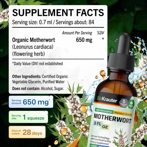 Vista 4 de BIO KRAUTER® Suplementos de perimenopausia y menopausia para mujeres* - Tintura vegana de agripalma de 2 onzas líquidas Suministro de 28 días