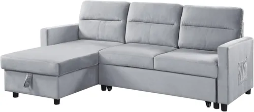Vista 3 de Daesar Sofá seccional reversible de terciopelo gris claro con diván de almacenamiento y bolsillo lateral