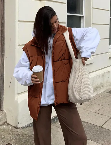 Vista 4 de APAFES Chaleco acolchado de invierno para mujer, ligero, cuello alto, manga corta, acolchado, con bolsillos