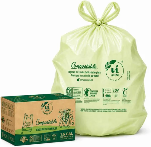 Vista 15 de Bolsas de camiseta compostables UNNI con asas de lazo, 1.6 galones / 6 litros, 50 unidades, forros de cajón de cocina pequeños de 0.64 mil
