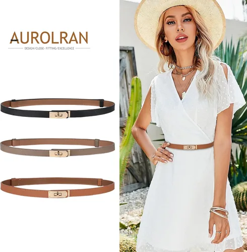 Vista 377 de Cinturón de cuero clásico con hebilla de metal para mujer con vestido de jeans