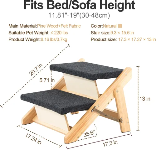 Vista 2 de MEWANG Wood Pet Stairs/Pet Steps - Escalera y rampa plegable de 2 niveles para perros, perfecta para camas y coches - Escalera portátil