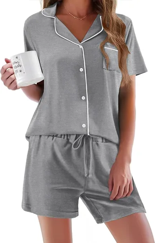 Vista 43 de Ekouaer - Conjunto de pijamas de manga corta para mujer, con botones, suave, 2 piezas, conjuntos de descanso, tallas XS-XXXL Verde Aqua