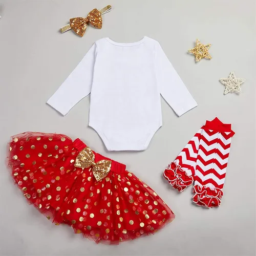 Vista 7 de My First Christmas Clothes Baby Girls My 1st Christmas Romper Top Falda tutú de puntos calentadores de piernas diadema y conjunto de 4 piezas