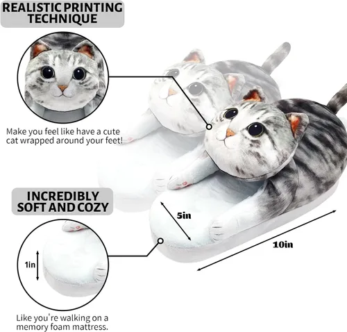 Vista 3 de Divertidas pantuflas de gato mullidas para mujer, zapatos de casa esponjosos, bonitas pantuflas de animales para interiores y exteriores, suaves