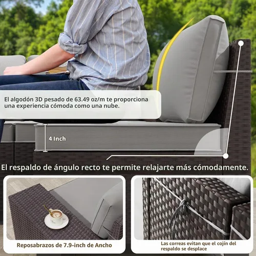 Vista 3 de Gotland Juego de muebles de patio de 6 piezas con 1 mesa auxiliar, 5 plazas de ratán seccional para exteriores con reposabrazos anchos de 29.5 Gris