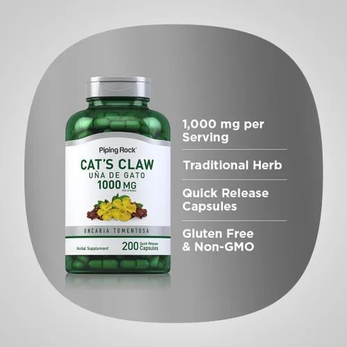 Vista 4 de Piping Rock Cápsulas de garra de gato de 1000 mg 200 unidades UNA De Gato Suplemento de hierbas Sin OMG, sin gluten