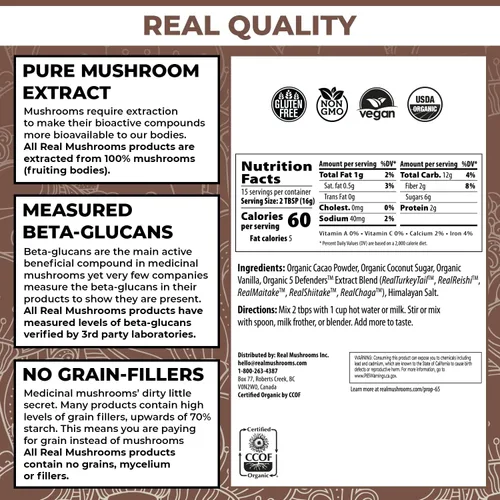 Vista 5 de Real Mushrooms Mezcla de chocolate caliente (15 porciones) y Cordyceps (60 porciones) en polvo – Suplemento en polvo de hongos para energía
