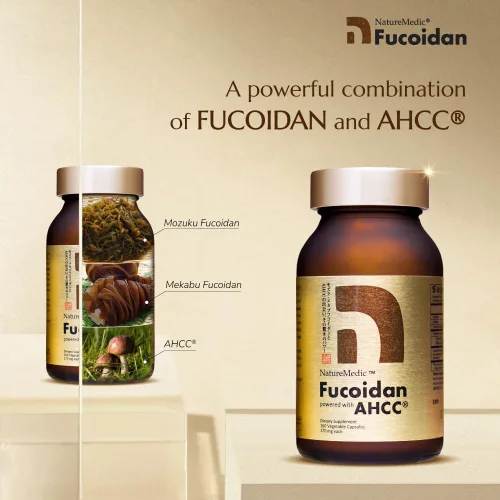 Vista 2 de Fucoidan Powered with AHCC Suplemento inmunitario de algas marrones con alta pureza Mekabu Mozuku Agaricus 1 botella - 160 cápsulas vegetales