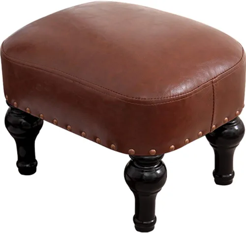 Vista 11 de Reposapiés tapizado vintage de cuero marrón - taburete de madera de goma del sofá del pie