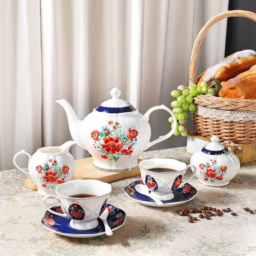 Vista 3 de fanquare Juego de té de porcelana victoriana de 21 piezas para 6, juego de tazas de té floral británicas reales para mujeres, juego de fiesta de té