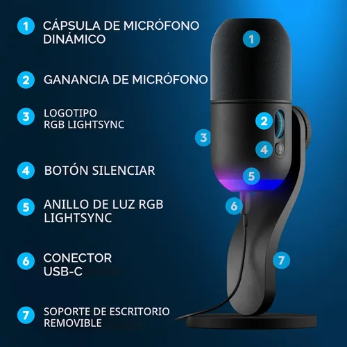 Vista 6 de Logitech G Yeti GX - Micrófono dinámico RGB para juegos, micrófono para podcast con LIGHTSYNC, Blue VO!CE, control G HUB, USB Plug and Play - Negro