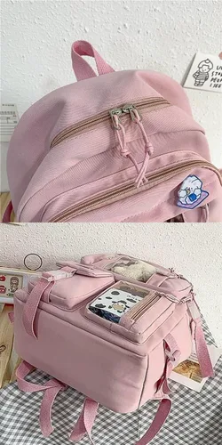 Vista 9 de Mochila escolar Kawaii para adolescentes y niñas, estética para el regreso a clases, linda y adorable con pin Kawaii y bonito accesorio, Blanco, L