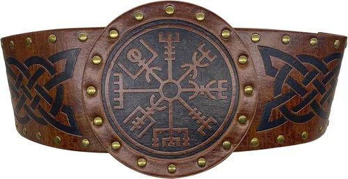 Vista 2 de HiiFeuer Viking Cinturón ancho en relieve cinturón nórdico de piel sintética con corsé de caballero disfraz LARP de Halloween