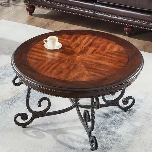 Vista 9 de Mesa de centro de madera hexagonal retro con parte superior de madera, mesa de centro de mediados de siglo de 2 niveles con cajón y patas de metal