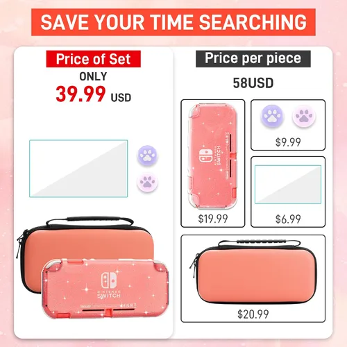 Vista 5 de Pink Travel Carrying Case Accessories for Nintendo Switch Lite Console, Shockproof Portable Carry Case Bundle with Glitter Protective Case, Screen