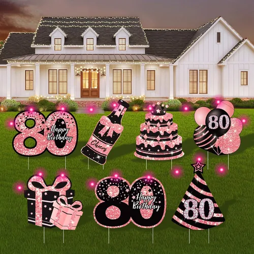 Vista 15 de Decoraciones de cumpleaños número 13 para niñas - 7 piezas de letreros de cumpleaños rosas para el patio con estacas, 2 piezas de luces LED Rosa 13