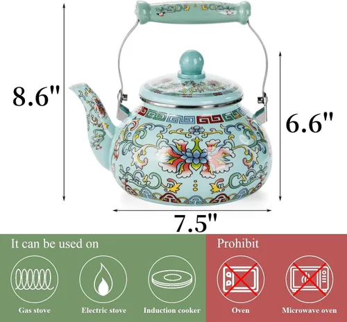 Vista 2 de Pumtus Hervidor de té esmaltado floral de 2.6 cuartos de galón, tetera esmaltada vintage, olla de café esmaltada en acero con mango de cerámica