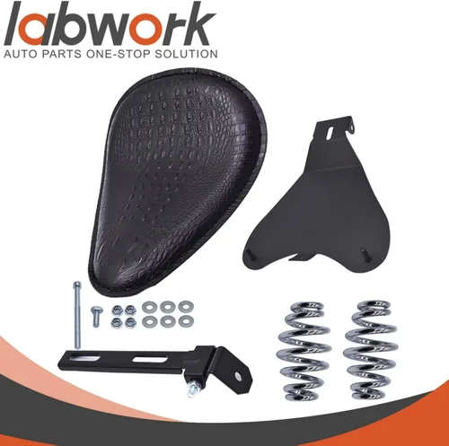 Vista 2 de labwork Cojín de cuero estilo cocodrilo para motocicleta, asiento individual con amortiguador, placa base de resorte, repuesto para Chopper Bobber