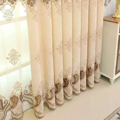 Vista 5 de ELKCA Cortinas de chenilla beige con patrón bordado para sala de estar, cortinas europeas para dormitorio, ojal superior