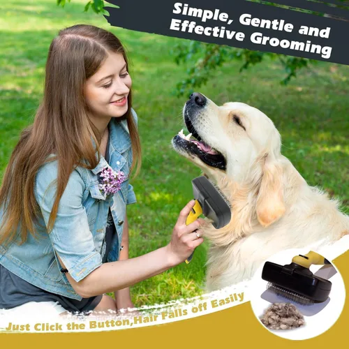 Vista 2 de Pet Republique Cepillo retráctil para perros, gatos, conejos, cualquier mascota de raza larga – Reduce el desprendimiento – Diseño autolimpiante