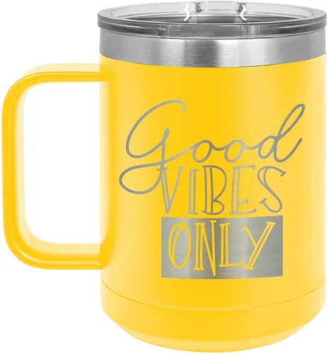 Vista 12 de Good VIBES SOLO Taza de café de 15 oz con tapa superior deslizante Taza de café de viaje aislado Ideas de regalo de cumpleaños o Navidad de Negro