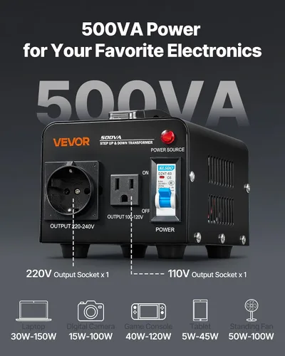 Vista 4 de VEVOR Transformador convertidor de voltaje, 500 VA, transformador de potencia elevador/abajo de servicio pesado, convertir de 110 V a 220 V y 220 V