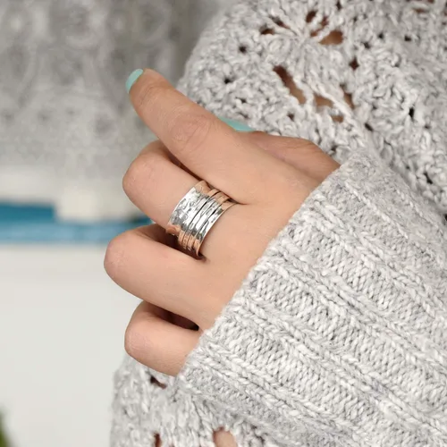 Vista 7 de Boho-Magic Anillo giratorio de plata de ley 925 para mujer, 3 anillos antiansiedad, banda ancha martillada