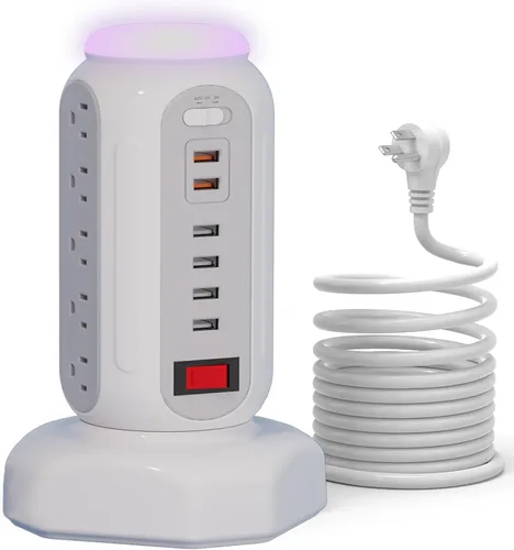 Vista 7 de Torre de regleta de múltiples salidas con luz nocturna colorida, 15 salidas de CA y 6 puertos USB en ayuno, cable de extensión de 6.5 pies