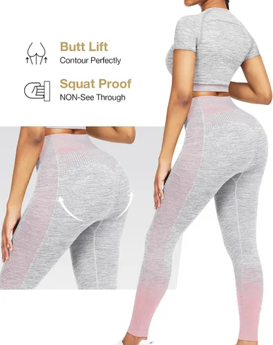 Vista 4 de JOYMODE - Conjunto de entrenamiento para mujer, diseño de 2 piezas con leggings de tiro alto sin costuras y camiseta corta , para yoga
