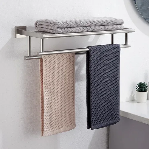 Vista 2 de Toallero para baño de 20 pulgadas montado en la pared con barra doble de níquel cepillado, estante de toallas SUS304 de acero inoxidable para pared