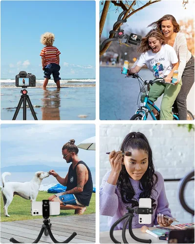 Vista 6 de Trípode de teléfono, trípode flexible para iPhone, teléfono celular y cámara Android, trípode pequeño portátil con 7 núcleos de aluminio y clip