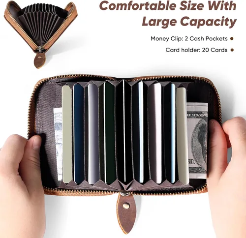 Vista 6 de KE'VERSO Cartera pequeña para tarjetas de crédito, con cremallera para hombres y mujeres, Marrón