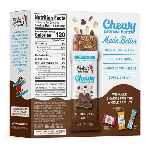 Vista 8 de Blake's Seed Based Barras de granola masticables, con chispas de chocolate (5 unidades), veganas, sin gluten, sin nueces y sin lácteos, aperitivos